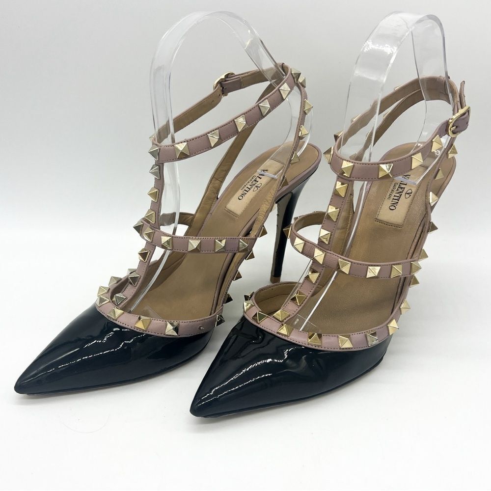 Valentino Rockstud Black Patent Leather Stilettos with Nude Straps, 39.5